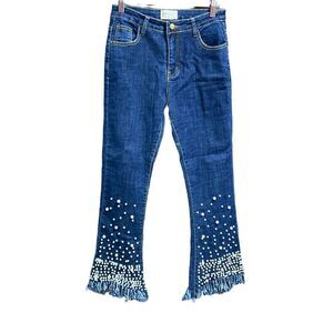 Before You Pearl Fringe Ankle High Waist Jeans Size Large NWT